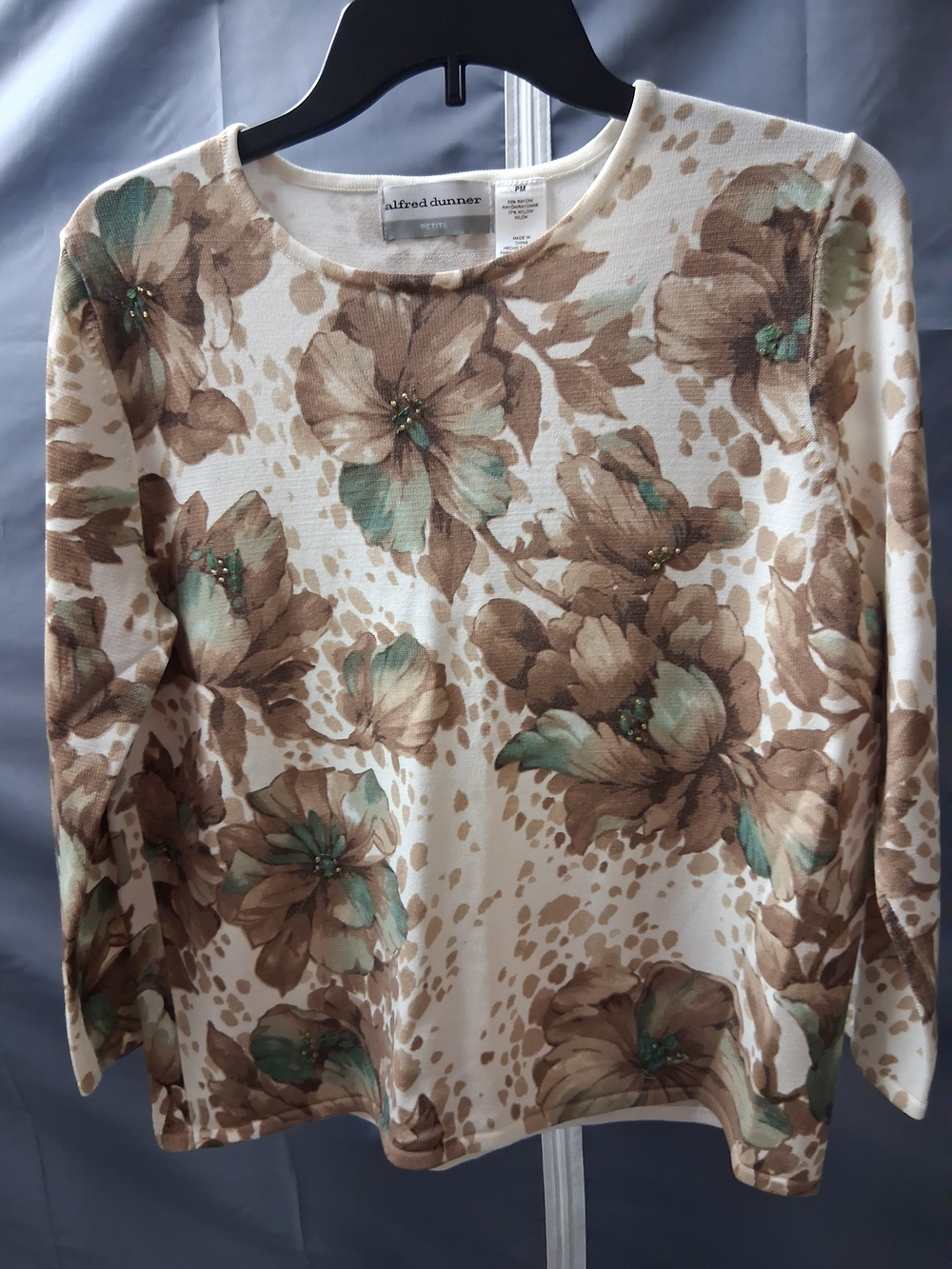 Alfred Dunner Cream Floral Knit Top with Brown and Mint Accents